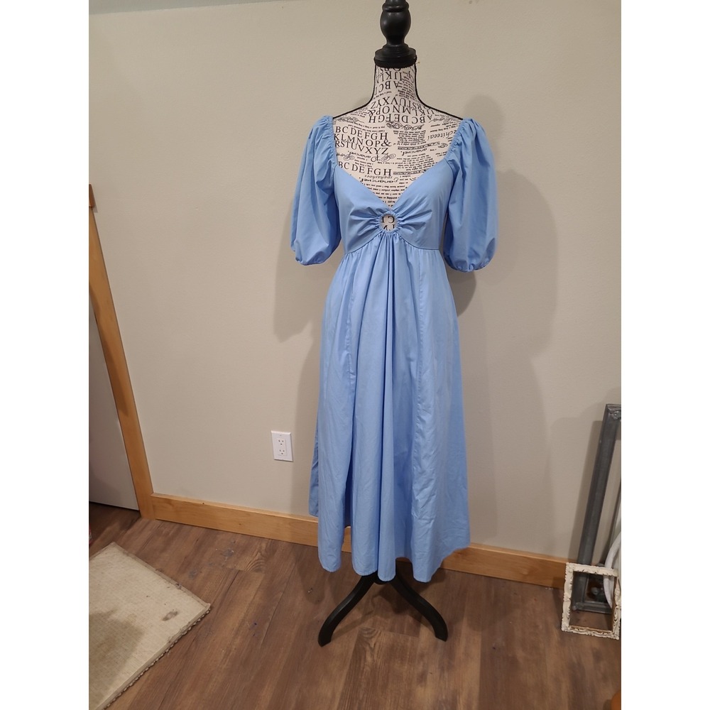 Abercrombie & Fitch blue Cottage Core Puff Sleeve Midi Dress Women SZ M tie back